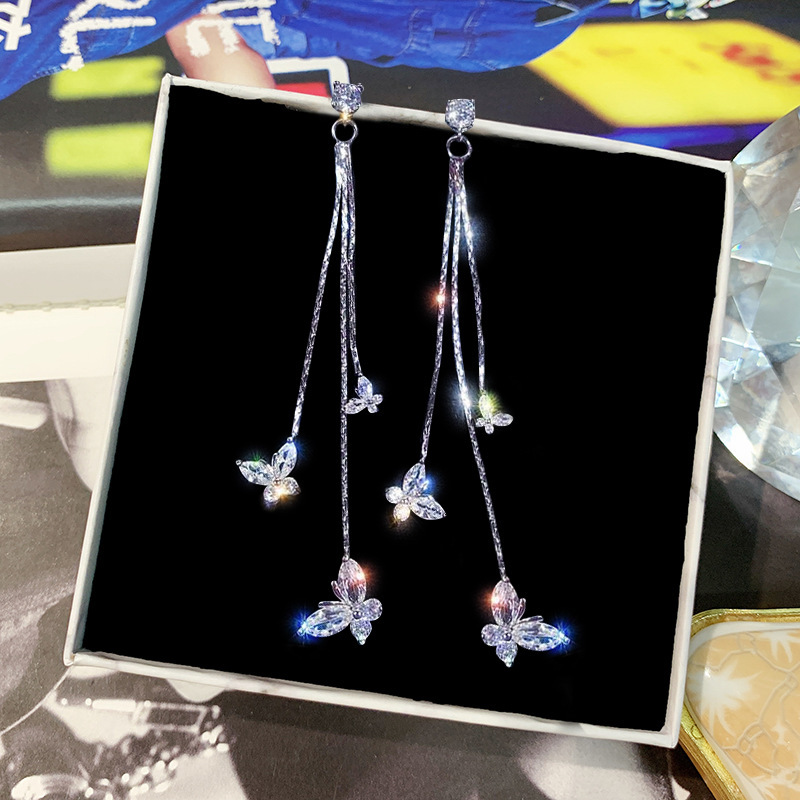 Ladies s925 silver needle earrings long luxury zircon butterfly tassel earrings