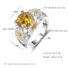 White Gold Plated Crystal Diamond Ring Pave Setting Yellow Cubic Zircon Ring