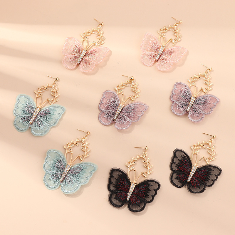 Wholesale Girls Delicate Handmade Rhinestone Embroidery Lace butterfly earrings Wholesale Girls Delicate Handmade Rhinestone Embroidery Lace butterfly earrings