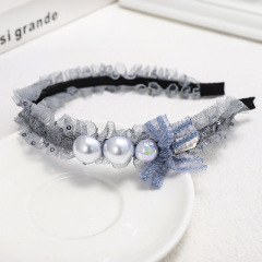 Wholesale fashion girls bowknot narrow yarn pearl lace hairbands for women