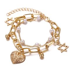 fashion Ins Amazon top sell Cheap women Jewelry alloy pearl heart Bangle multi double layer bracelet