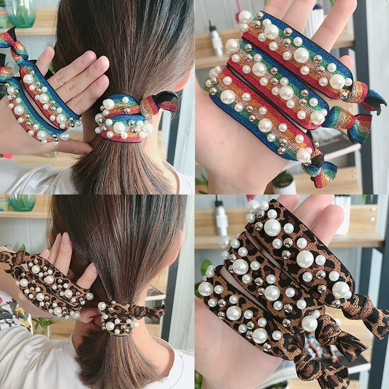 Women Bead Rainbow Glittering Pearl hair cord Accessor Elastic hair bands