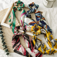 ins amazon fancy fabric women girl long bow elastic printing colors satin scrunchies hair tie with tassel