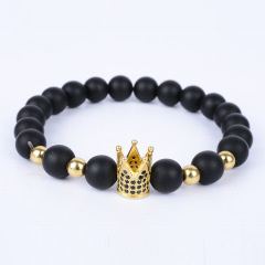 2020 New Arrival 8mm Black Natural Stones Rhinestone Men Crown Bead Bracelet For Gifts