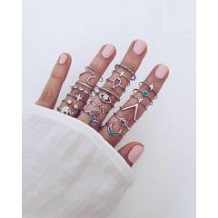 20pcs Fashion vintage silver boho Beach Ring Punk Hollow  heart diamond encrusted cross large jewel moon leaf opening ring set