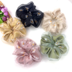 New design custom summer organza girl elastic daisy flower hair scrunchies for women New design custom summer organza girl elastic daisy flower hair scrunchies for women