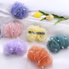 wholesale custom pearl cute lady silk yarn organza hair clips for girls women