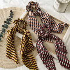 ins amazon fancy fabric women girl long bow elastic printing colors satin scrunchies hair tie with tassel
