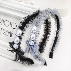 Wholesale fashion girls bowknot narrow yarn pearl lace hairbands for women