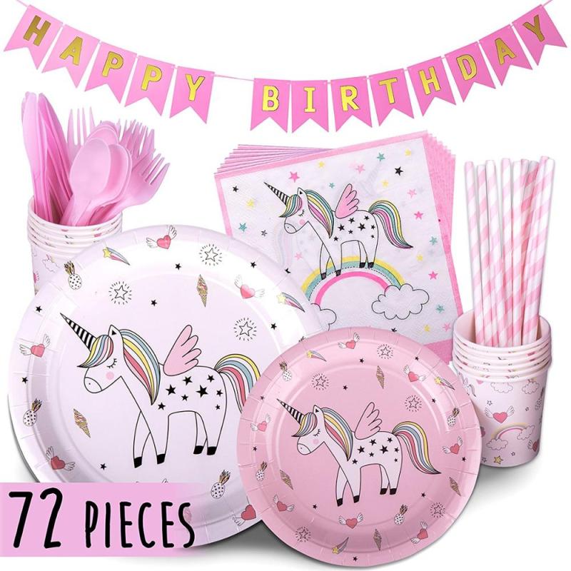 Children's Unicorn kid Party Supply Pack Set Rainbow Birthday Banner pink