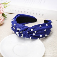 Pearl knotted headband solid color sweet fabric girl wide elastic hair band for women