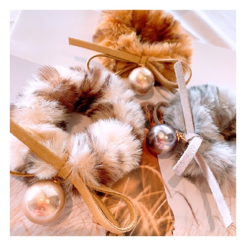 Winter Hair Scrunchies Elastics ponytail holder pompom pearl Bow plush hair tie