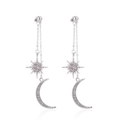 Fashion Crystal Rhinestone Star Moon Tassel Long Chain Dangle Ear Stud Earrings