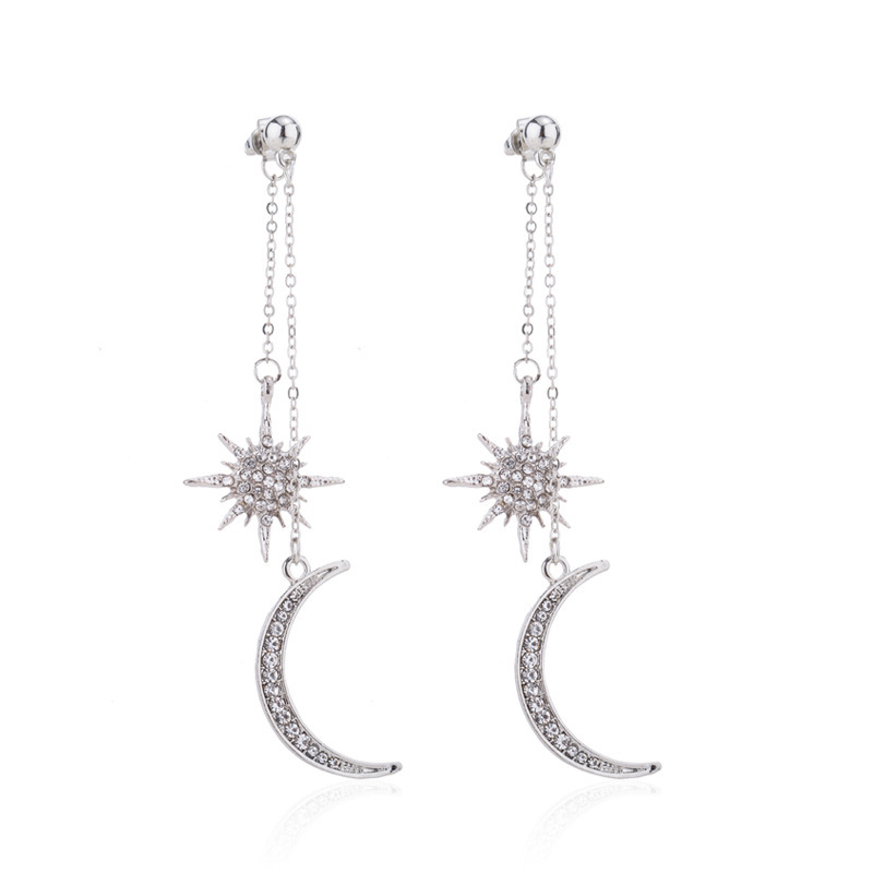 Fashion Crystal Rhinestone Star Moon Tassel Long Chain Dangle Ear Stud Earrings
