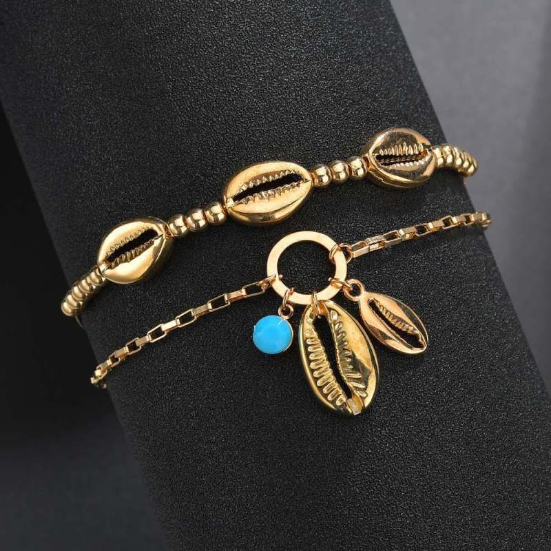Bohemian personality handmade double layer gold beaded metal shell anklets Bohemian personality handmade double layer gold beaded metal shell anklets