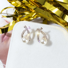 Fashion S925 silver needle crystal bow pearl alloy fashion stud earring with rhinestone