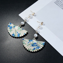 Korean temperament personality prendent pearl tassel wooden fan earrings for women