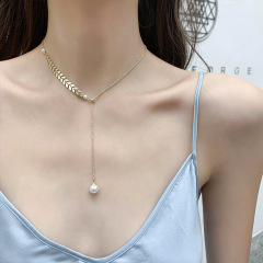Ins Popular Fashion Fairy Willow Leaf Pendant Pearl Alloy Choker Necklace
