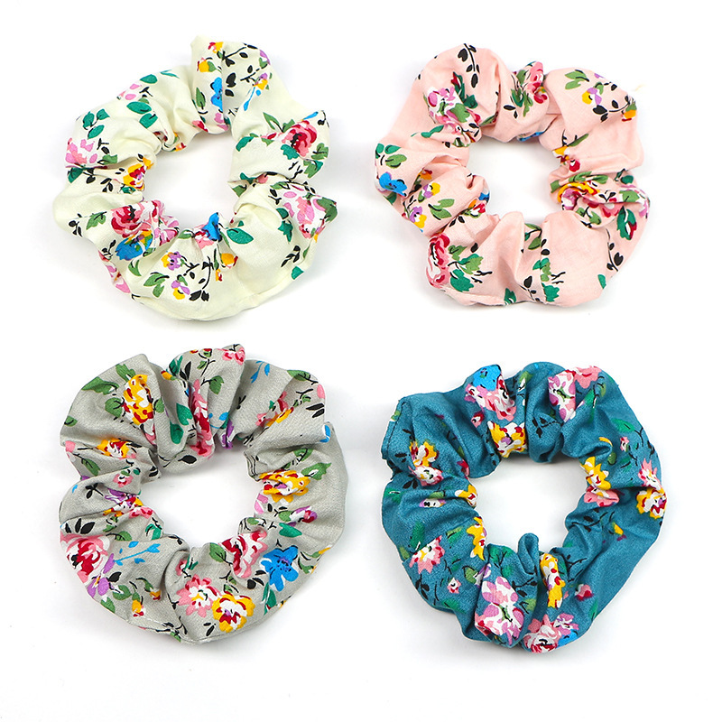 Spring and summer bulk women girls printed floral fabric cotton scrunchies for hair