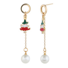 Creative Asymmetric Christmas Eve Shoes Tree Pearl Women Drop Earrings