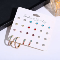 12pcs/set Creative retro fashion simple C type colorful crystal earrings for girls