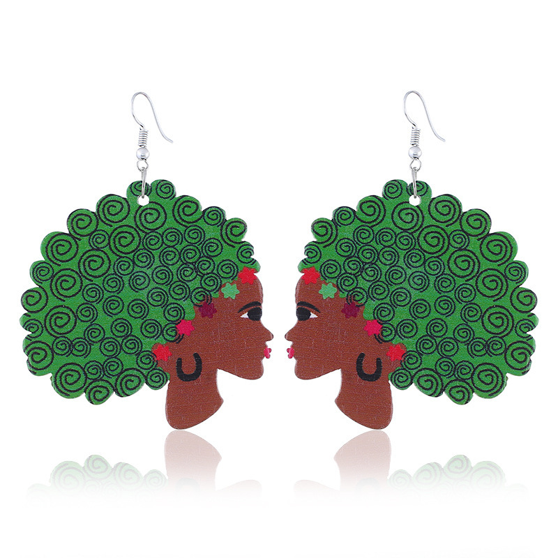 2020 custom fashion printing night club beauty head drop africa afro wooden earring wood jewelry for women