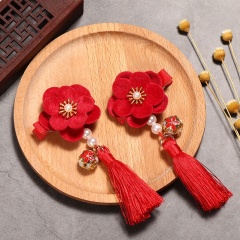 Chinese style multicolored big tassel pearl hair clip barrettes for baby girls