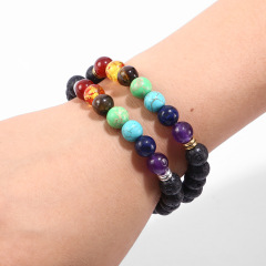 Colorful Natural Stone Yoga Valconic Healing Energy Lava Stone 7 Chakra Diffuser Beaded Bracelet