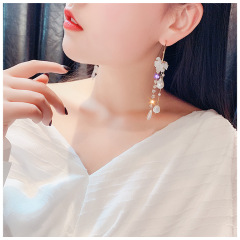 fashion jewelry women flower faux pearl crystal long tassel earrings for party or wedding