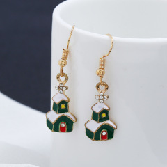Christmas series wholesale rhinestone green snow house earrings for presents