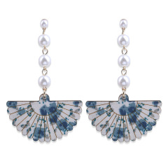 Korean temperament personality prendent pearl tassel wooden fan earrings for women