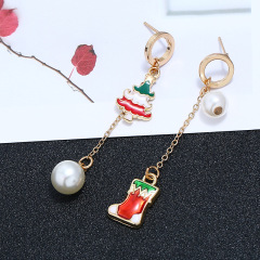 Creative Asymmetric Christmas Eve Shoes Tree Pearl Women Drop Earrings