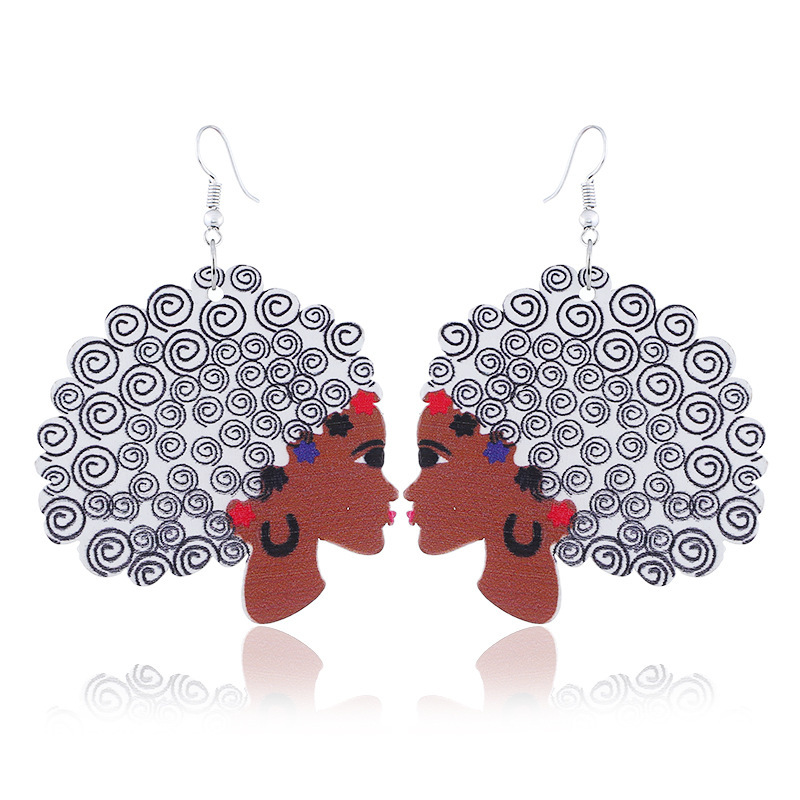2020 custom fashion printing night club beauty head drop africa afro wooden earring wood jewelry for women