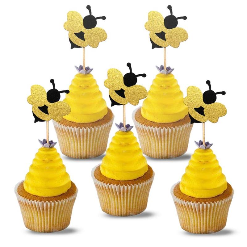 24pcs Cake Decor Glitter Bumble Bee Cake Topper Cupcakes Party Decoration