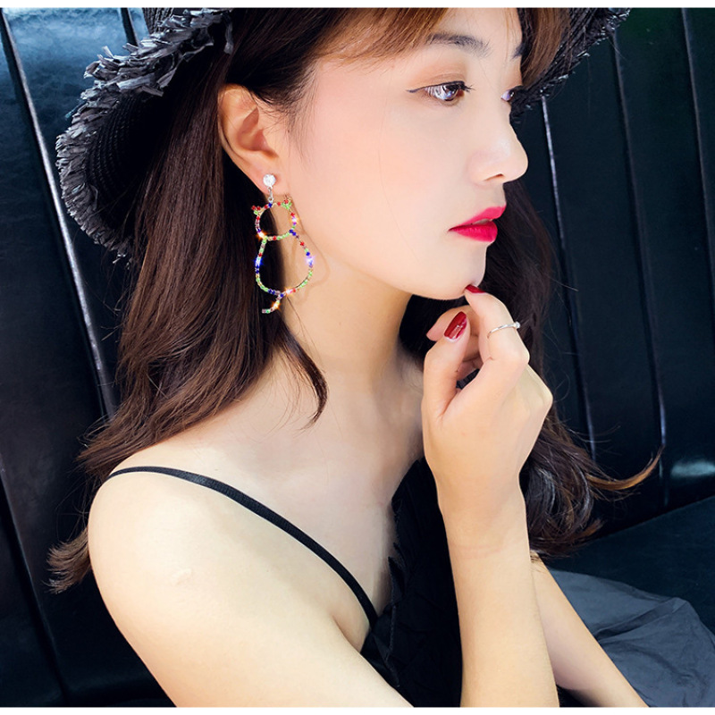 Korean fashion personality fishbone and cat bling bling long colorful crystal earrings for female