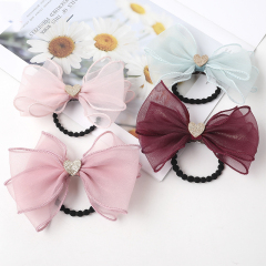 New glitter sequin love gauze duckbill clip solid color elastic mesh bow hair rope