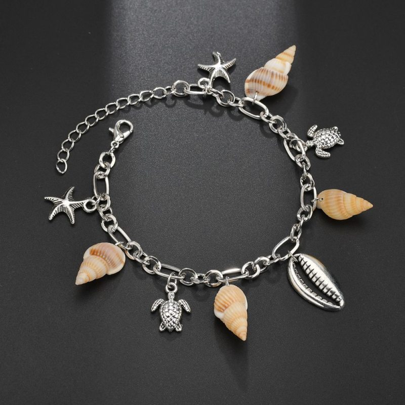 Hot sale jewelry sterling silver sea shell bead silver turtle bracelet anklets for women