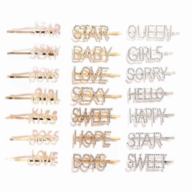 New Custom Crystal Bobby diamond word Hair Clips For Women Word Letter Hair pins