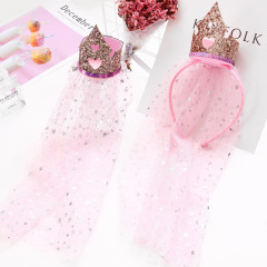 kids hair accessories guangzhou glitter lace veil hair pin princess crown hairband
