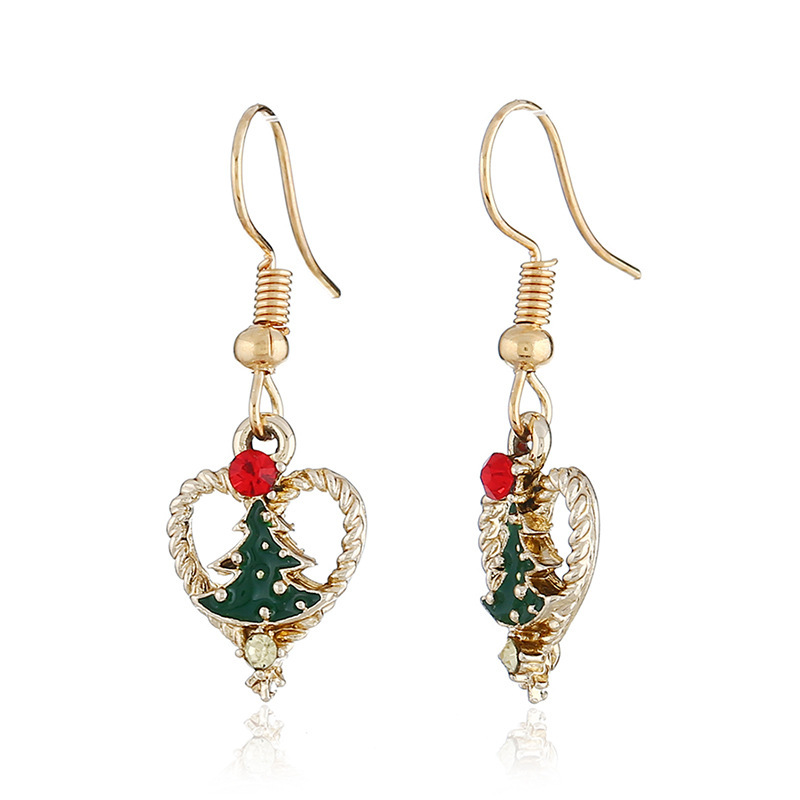 Luxurious gold heart women paint alloy rhinestone christmas tree hook earrings