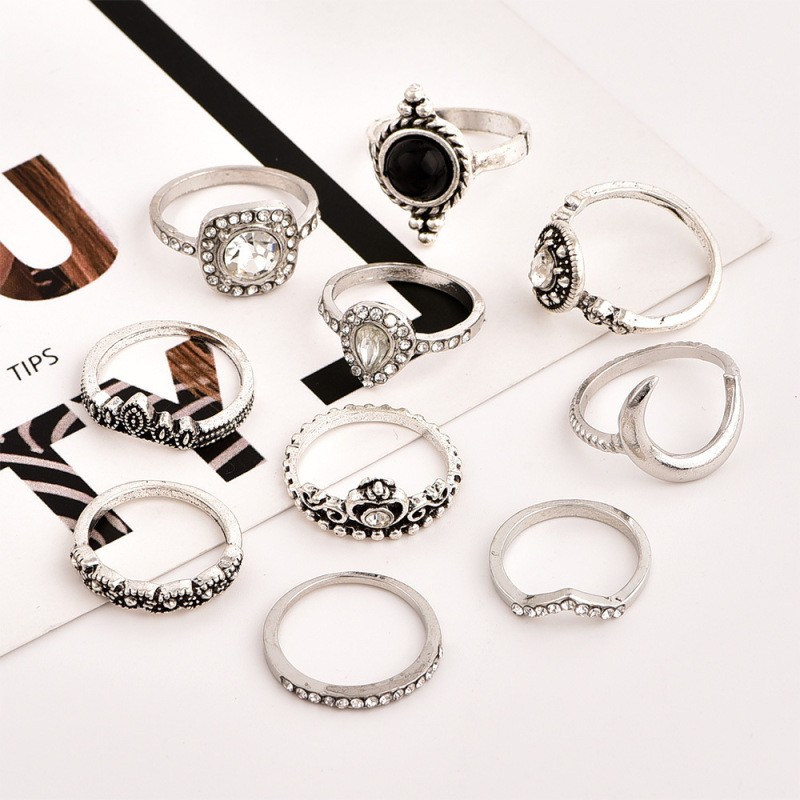 Fashion vintage silver boho Beach Ring Punk Hollow out  jewely  moon diamond crystal stack ring set boho for girls women