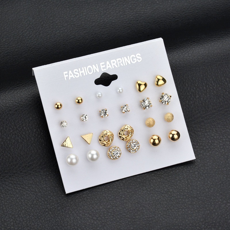 12 pcs alloy zircon earrings with diamond round heart stud earring sets
