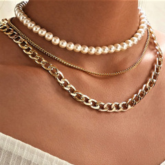 wholesale Amazon ins fashion gold 3 chain pearl multi layer choker necklace for women ladies girls