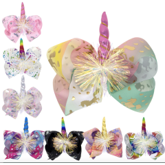 Quaint grosgrain ribbon rainbow colored nuicorn hair bow clips girls kids hairpins for hair