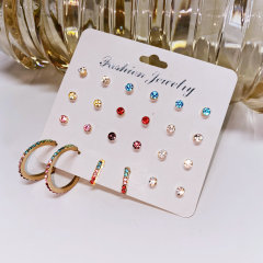 12pcs/set Creative retro fashion simple C type colorful crystal earrings for girls