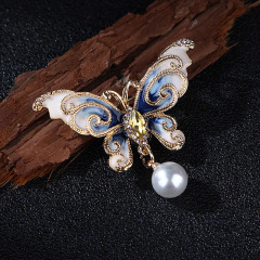 korean fashion alloy girls bling bling pearl butterfly brooch for women