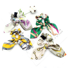 Bulk Custom Women Chiffon Elastic Bowknot Hair Ties Ponytail Holder Silk Scrunchies with Pearls