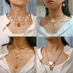 Cheap Amazon best seller fashion necklace multi layered gold ocean shell charm chocker necklace
