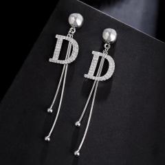 wholesale stylish bling bling letter D tassel alloy crystal earrings for women