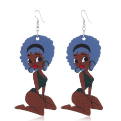2020 custom fashion printing night club hip pop head drop africa afro wooden earring wood jewelry for women
